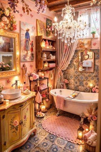 a bathroom with a tub and a chandelier at Tina's Art Home - Venetian Walls District in Nicosia