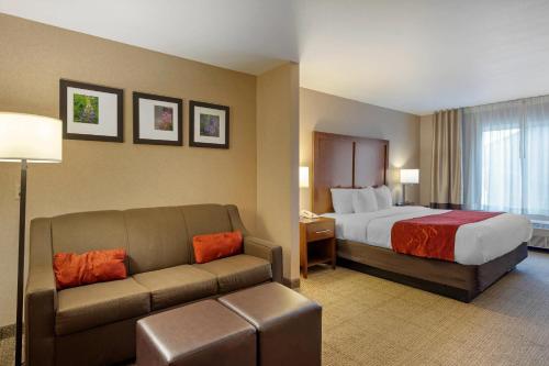 a hotel room with a bed and a couch at Comfort Suites Anchorage International Airport in Anchorage