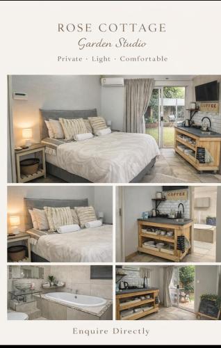 a collage of pictures of a bedroom with a bed and a sink at Rose cottage Garden Suite in Pretoria