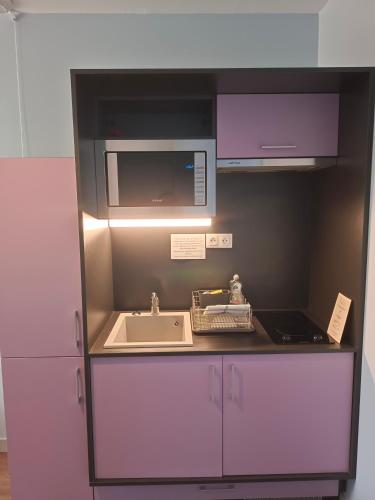 a kitchen with a sink and a microwave at Appart'Hotel Parc Johan in Chauffailles
