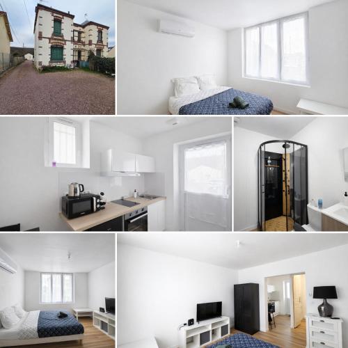 a room with a bed and a kitchen and a house at Le Cocon d'Ezy in Ézy-sur-Eure