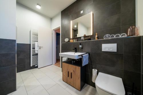 a bathroom with a sink and a toilet and a mirror at Pacmans Penthouse in Leipzig