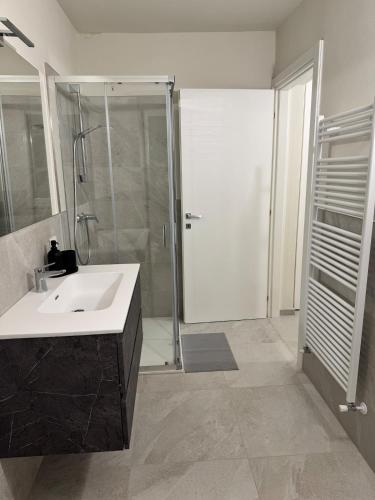 a bathroom with a sink and a glass shower at Appartamento DANTE in Pisogne
