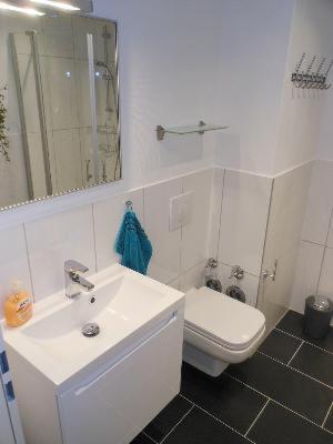 a bathroom with a white sink and a toilet at Golfresidenz B 007 in Grömitz