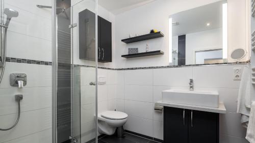 a bathroom with a toilet and a sink and a shower at Golfresidenz B 003 in Grömitz