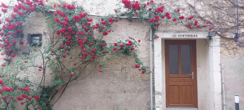 a bunch of red flowers on a building with a door at Les Hortensias studio Rez de chaussée in Bourbonne-les-Bains