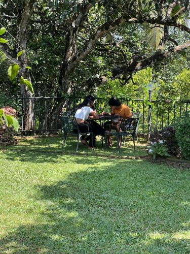 two people sitting at a table under a tree at Kandy summerhill bungalow in Kandy
