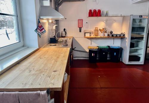 a kitchen with a wooden counter and a refrigerator at Rinkenæshus Hytte A in Gråsten