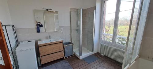 a small bathroom with a shower and a sink at Le Clos du Bohon, 90m2 , calme dans l'Oise ,15 mn de Gisors et son chateau in Labosse