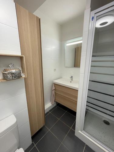 a bathroom with a toilet and a sink and a mirror at Studio loft city center in Tarnos