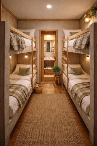two bunk beds in a room with a bathroom at Mama's Homestay Ruteng in Ruteng