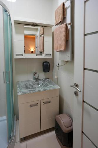 a bathroom with a sink and a mirror at Apartmani u srcu grada in Zrenjanin