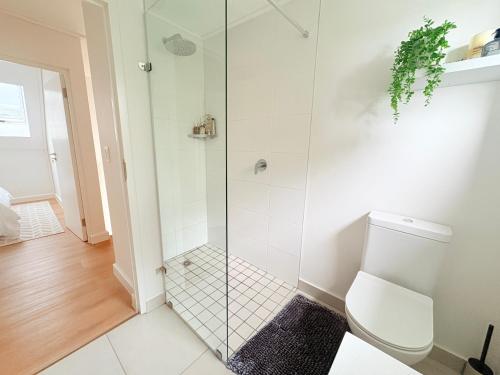 a bathroom with a shower and a toilet at Little Acorn in Hermanus