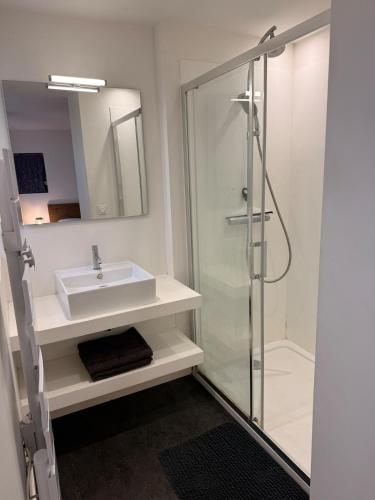 a bathroom with a sink and a shower at Granville appartement in Granville