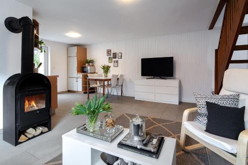 a living room with a fireplace and a tv at Hamburg - Haus - Airport 2 in Hamburg
