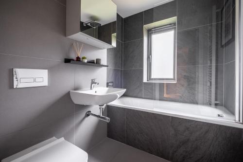 a bathroom with a sink and a tub and a toilet at 34 Ironworks in Backbarrow