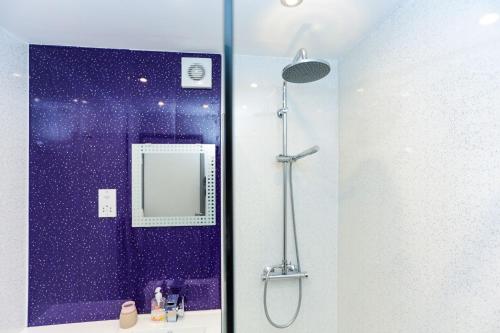 a bathroom with a shower with a purple wall at Chalet 11 in Deal