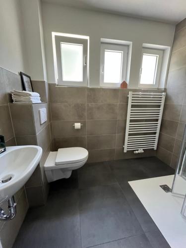a bathroom with a toilet and a sink and two windows at Casa Forest Jump in Pirmasens