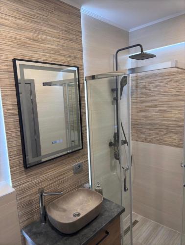 a bathroom with a sink and a shower with a mirror at LuMar Lodge Tohăniță Zarnesti in Zărneşti