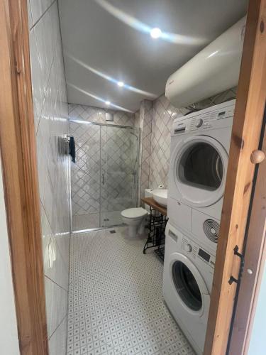 a small bathroom with a washing machine and a toilet at Апартамент ФЕРДИНАНД in Ruse