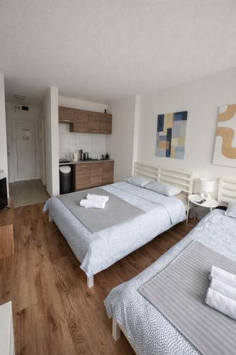 a bedroom with two beds and a kitchen at Studio apartman ANNI, Self CHECK-IN in Osijek
