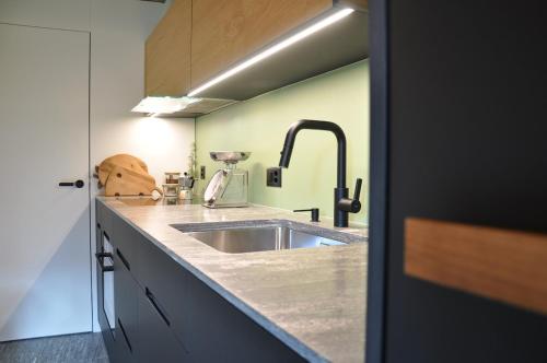 a kitchen with a sink and a counter top at Rustico La Stalla a Pianezza in Menzonio
