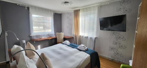 a room with a bed and a tv on a wall at Pension Melsungen in Melsungen