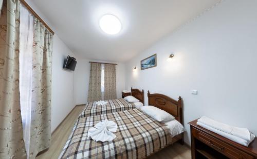 a bedroom with two beds and a window at Садиба Буркут in Kvasy