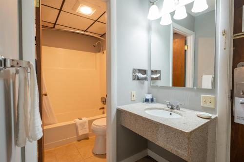 a bathroom with a sink and a toilet and a mirror at Fireside Inn and Suites Bangor in Bangor