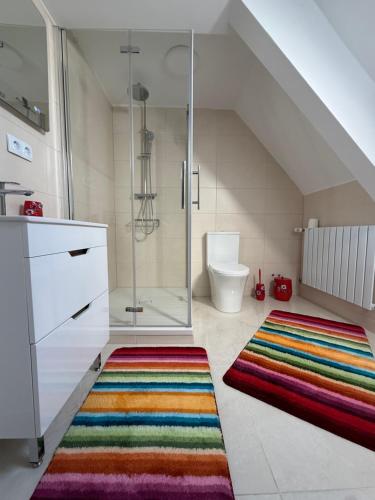 ein Badezimmer mit Dusche und Teppich in der Unterkunft Traumwelt in Flemlingen