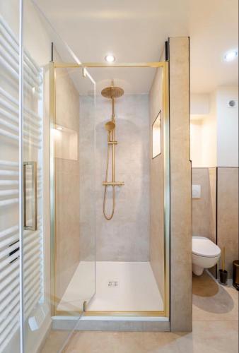 a glass shower in a bathroom with a toilet at Le JoliCoeur Parking gratuit Idéal cyclistes Proche Alpe d Huez in Le Bourg-dʼOisans