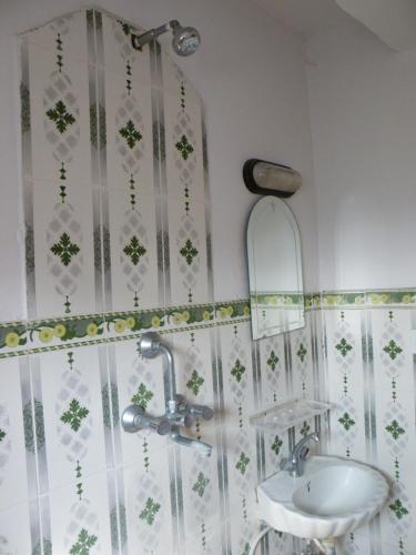 a bathroom with a sink and a shower curtain at North face Studio in Pokhara