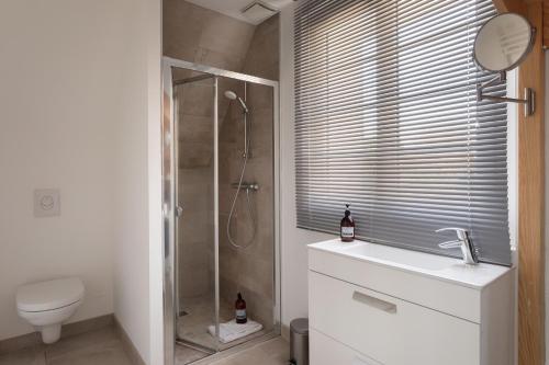 a bathroom with a shower and a sink and a toilet at P'ty Solidor - 500m du port in Saint Malo