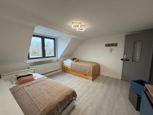 a bedroom with two beds and a window at Schorrebloem in Lombardsijde