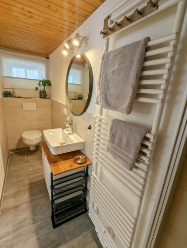 a bathroom with a sink and a mirror at Gemütliches, helles, voll ausgestattetes Apartment mit Terrasse in Waal