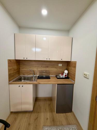 a small kitchen with white cabinets and a sink at Boutique Rooms Desi 1 in Pleven