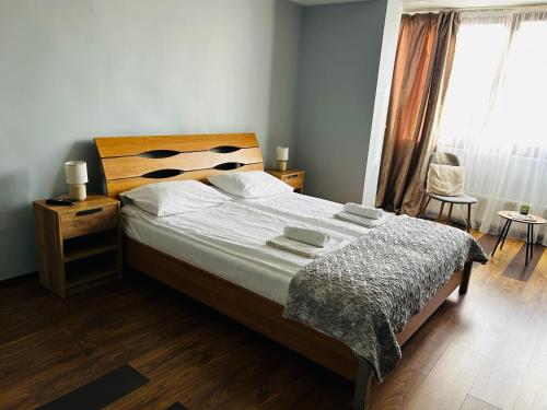 a bedroom with a bed and a chair and a window at IANIS Apartment in Orăştie