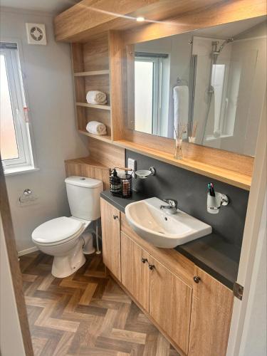 a bathroom with a toilet and a sink and a mirror at Luxury 3 bed lodge, Skegness - East Coast Holidays in Winthorpe