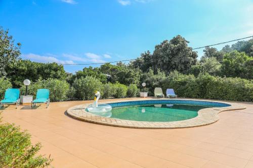 a swimming pool with a swan in the middle at VILLA MITZELOS in Skiathos