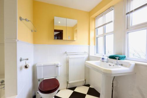 a bathroom with a toilet and a sink and a mirror at Great Edge in Luddenden Foot