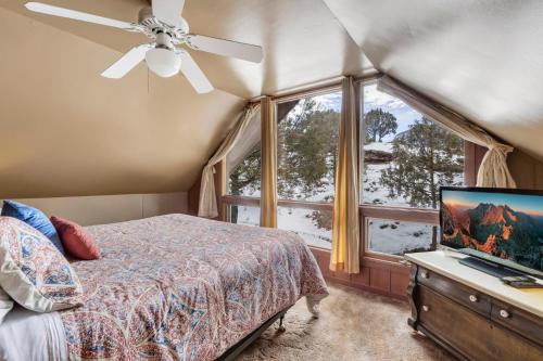 a bedroom with a bed and a flat screen tv at Singer Cabin 2 in Ridgway