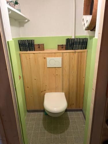 a bathroom with a toilet in a room with green at Moulin de Noallie in Magland