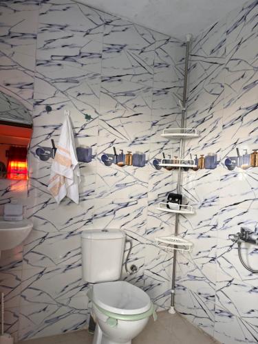 a bathroom with a toilet and a marble wall at Casa laila in Chefchaouen
