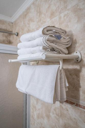 a bunch of towels on a towel rack in a bathroom at Hotel Everest in Córdoba