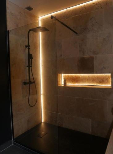 a shower with a light in a bathroom at Le Petit Provençal in Sénas