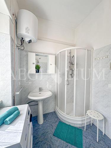 a white bathroom with a shower and a sink at Ginestra in Campese