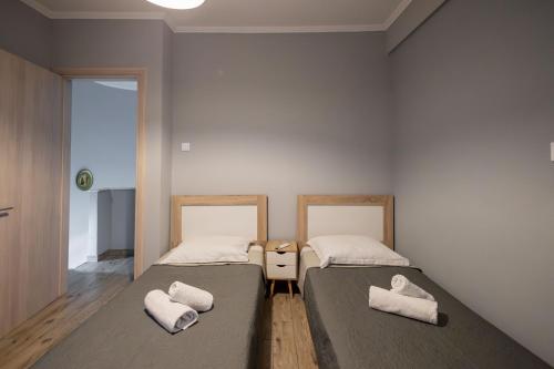 two beds in a room with towels on them at Γιώργος και Εύα in Karianí