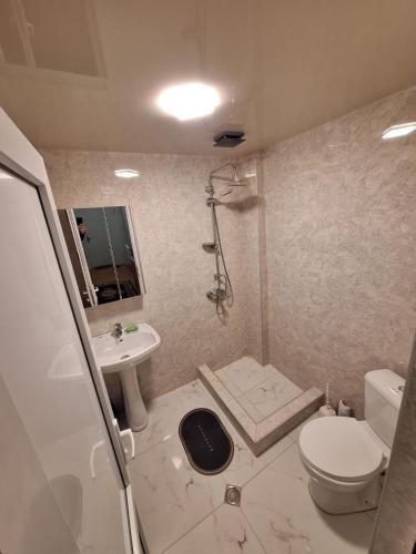 a bathroom with a toilet and a sink at Central Apartment Tskaltubo in Tsqaltubo