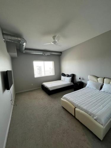 a bedroom with two beds and a television in it at Graphite Loft in Des Moines