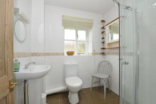 a white bathroom with a toilet and a sink at Stocks Barn in Liskeard